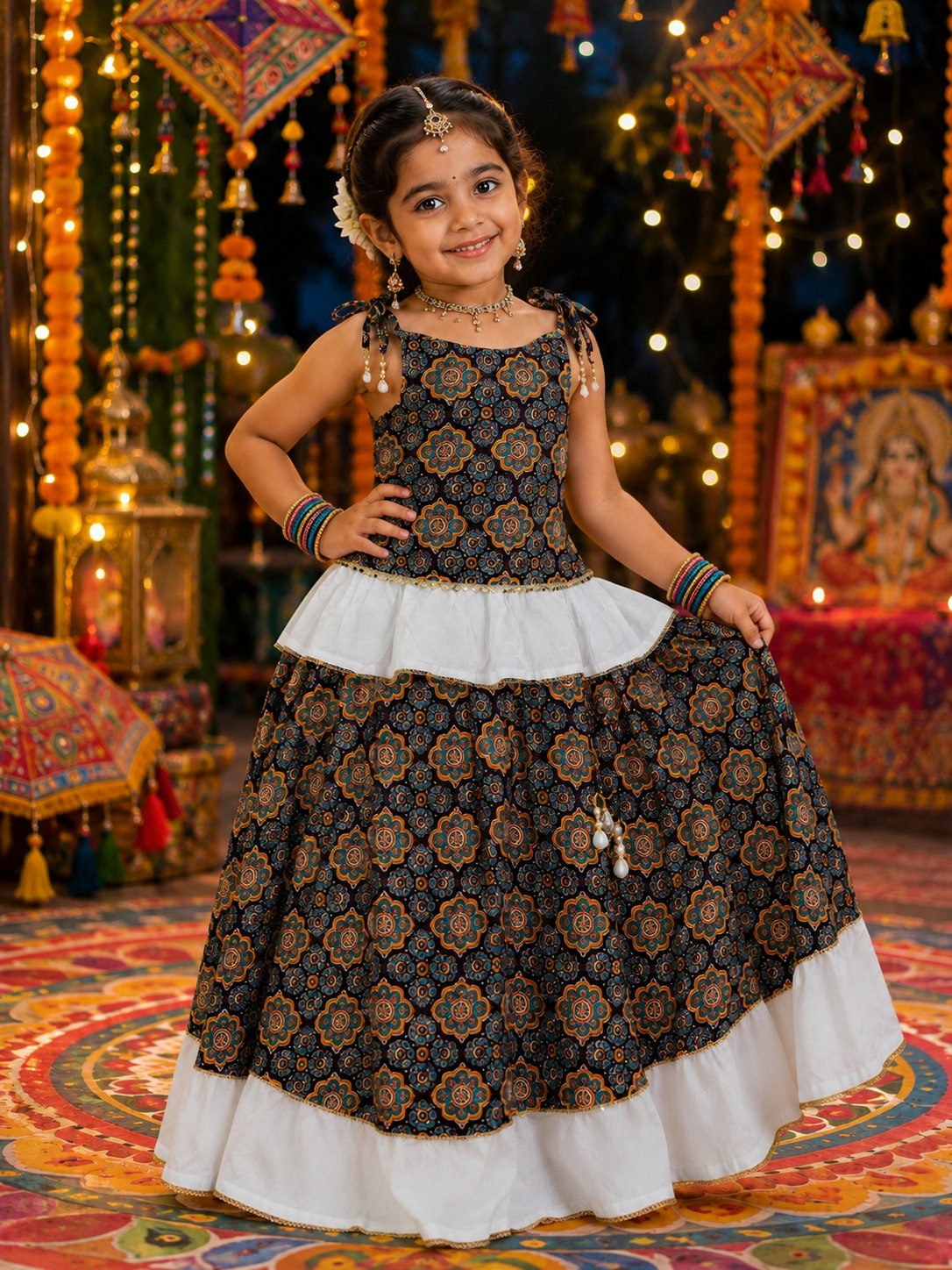 Aarvisha Floral Cotton Printed Lehenga Choli | Peplum Blouse, Mirror Lace & Tassel Details | Garba & Festive Wear