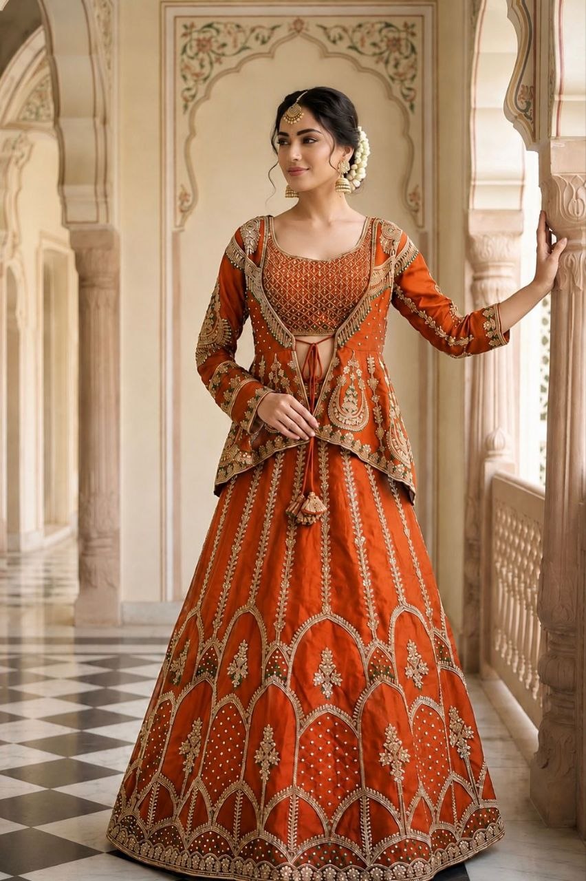 Dhruvi Heavy Crepe Silk Embroidered Lehenga Choli with Jacket | Thread & Sequins Work