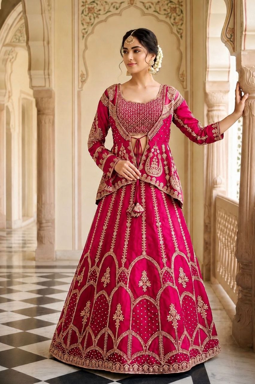 Dhruvi Heavy Crepe Silk Embroidered Lehenga Choli with Jacket | Thread & Sequins Work