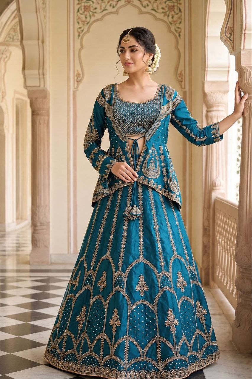 Dhruvi Heavy Crepe Silk Embroidered Lehenga Choli with Jacket | Thread & Sequins Work
