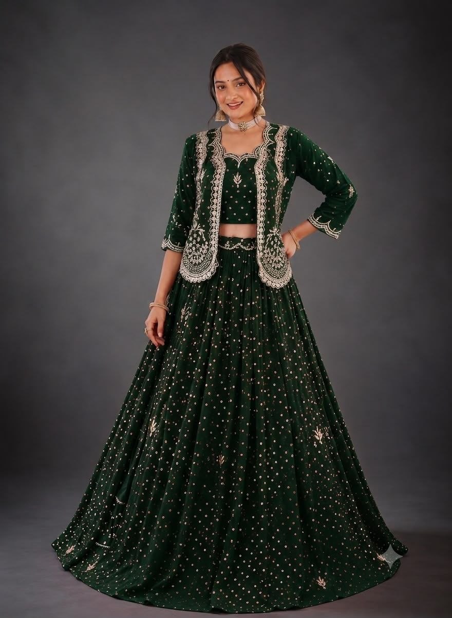 Anahita Vichitra Silk Thread & Sequins Embroidered Lehenga Choli with Jacket