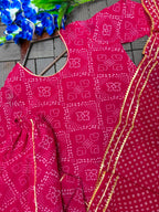 Mehervya Georgette Bandhani Print Kurta Palazzo Suit Set with Gotta Patti Lace Work