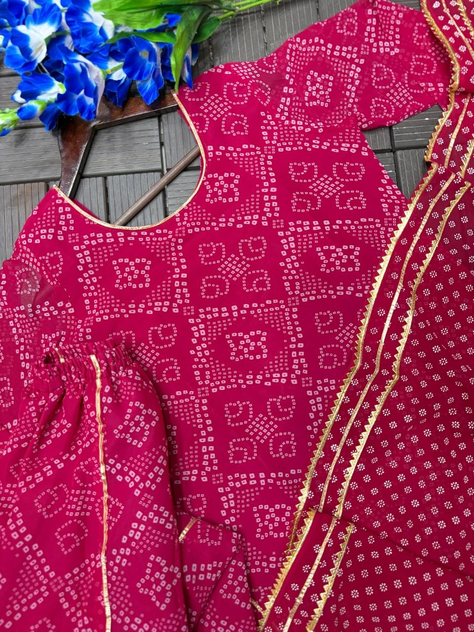 Mehervya Georgette Bandhani Print Kurta Palazzo Suit Set with Gotta Patti Lace Work