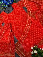 Mehervya Georgette Bandhani Print Kurta Palazzo Suit Set with Gotta Patti Lace Work