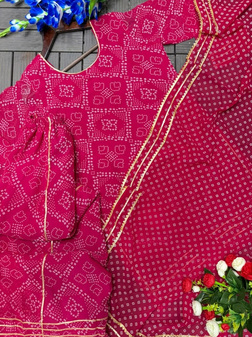 Mehervya Georgette Bandhani Print Kurta Palazzo Suit Set with Gotta Patti Lace Work
