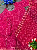 Mehervya Georgette Bandhani Print Kurta Palazzo Suit Set with Gotta Patti Lace Work