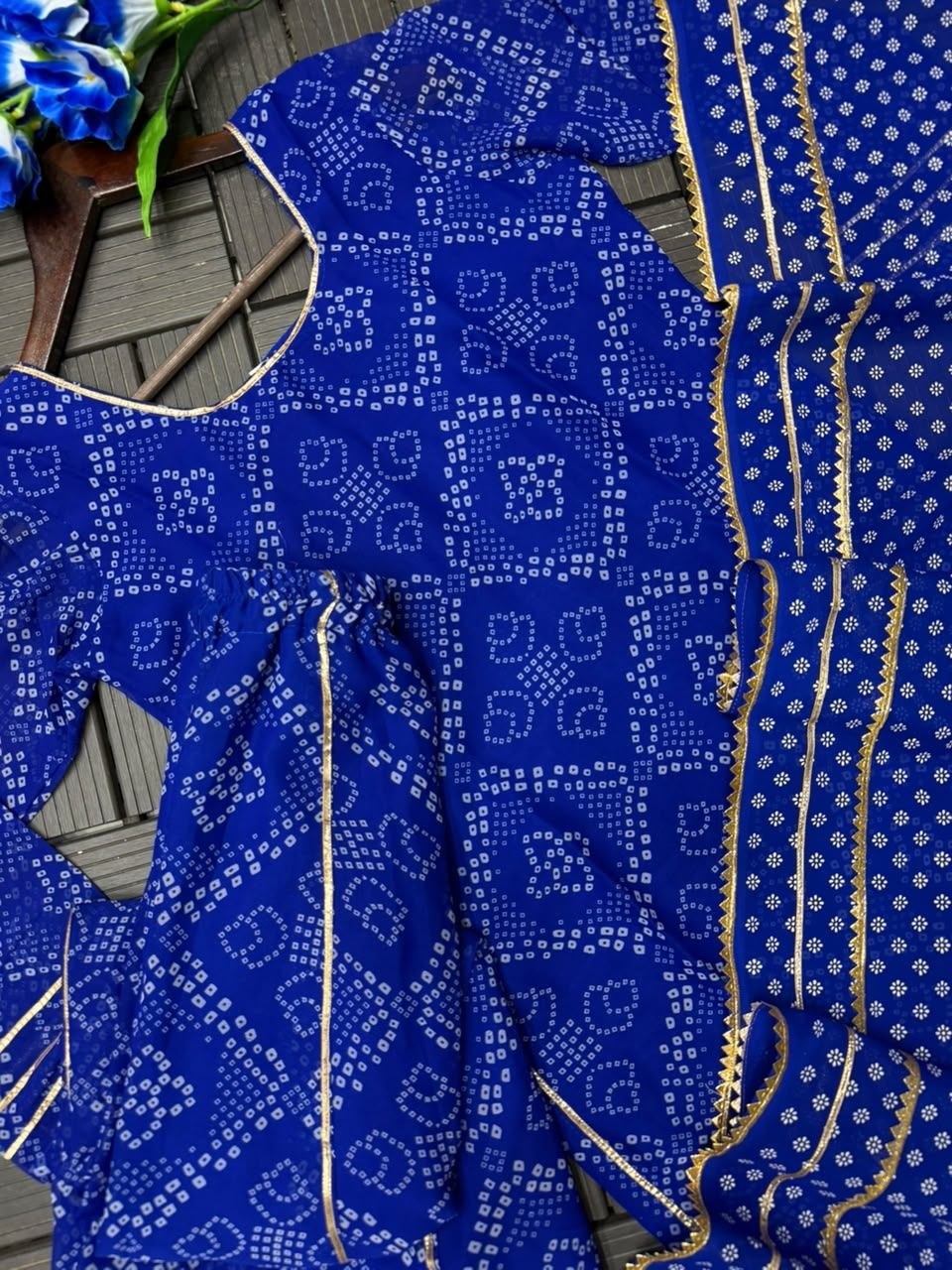 Mehervya Georgette Bandhani Print Kurta Palazzo Suit Set with Gotta Patti Lace Work