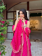 Mehervya Georgette Bandhani Print Kurta Palazzo Suit Set with Gotta Patti Lace Work