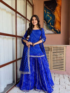 Mehervya Georgette Bandhani Print Kurta Palazzo Suit Set with Gotta Patti Lace Work
