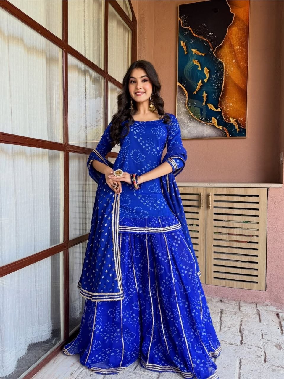 Mehervya Georgette Bandhani Print Kurta Palazzo Suit Set with Gotta Patti Lace Work