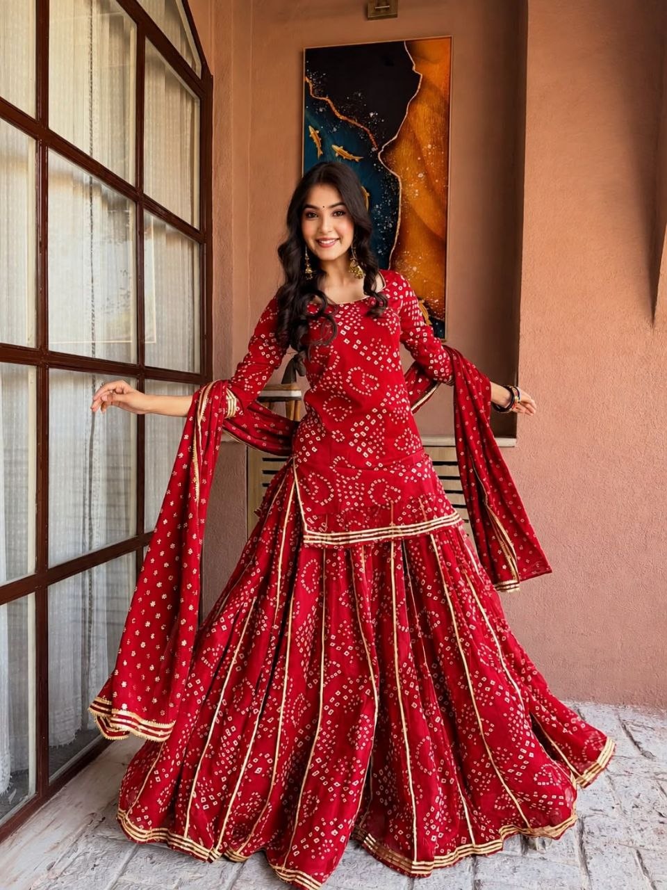 Mehervya Georgette Bandhani Print Kurta Palazzo Suit Set with Gotta Patti Lace Work