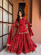 Mehervya Georgette Bandhani Print Kurta Palazzo Suit Set with Gotta Patti Lace Work