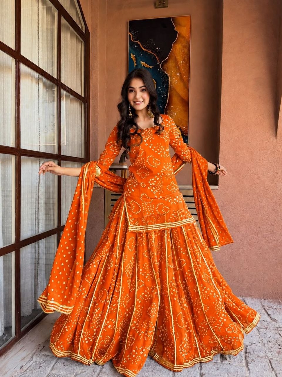 Mehervya Georgette Bandhani Print Kurta Palazzo Suit Set with Gotta Patti Lace Work