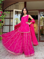Mehervya Georgette Bandhani Print Kurta Palazzo Suit Set with Gotta Patti Lace Work