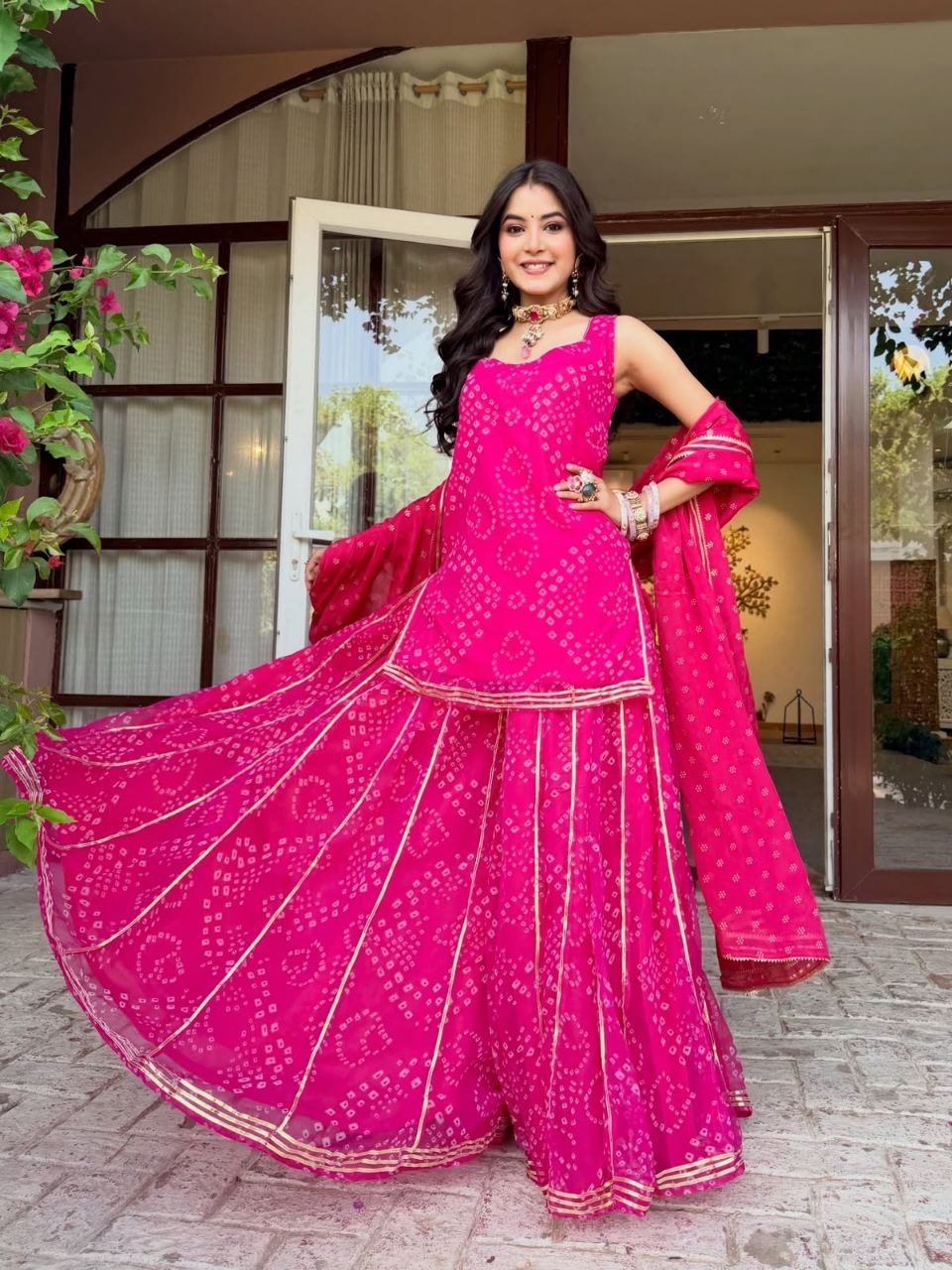 Mehervya Georgette Bandhani Print Kurta Palazzo Suit Set with Gotta Patti Lace Work