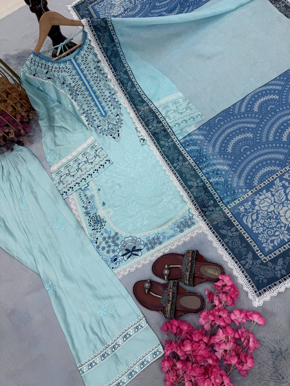 Zareen Noor Designer Satin Rayon Farshi Palazzo with Digital Print Dupatta