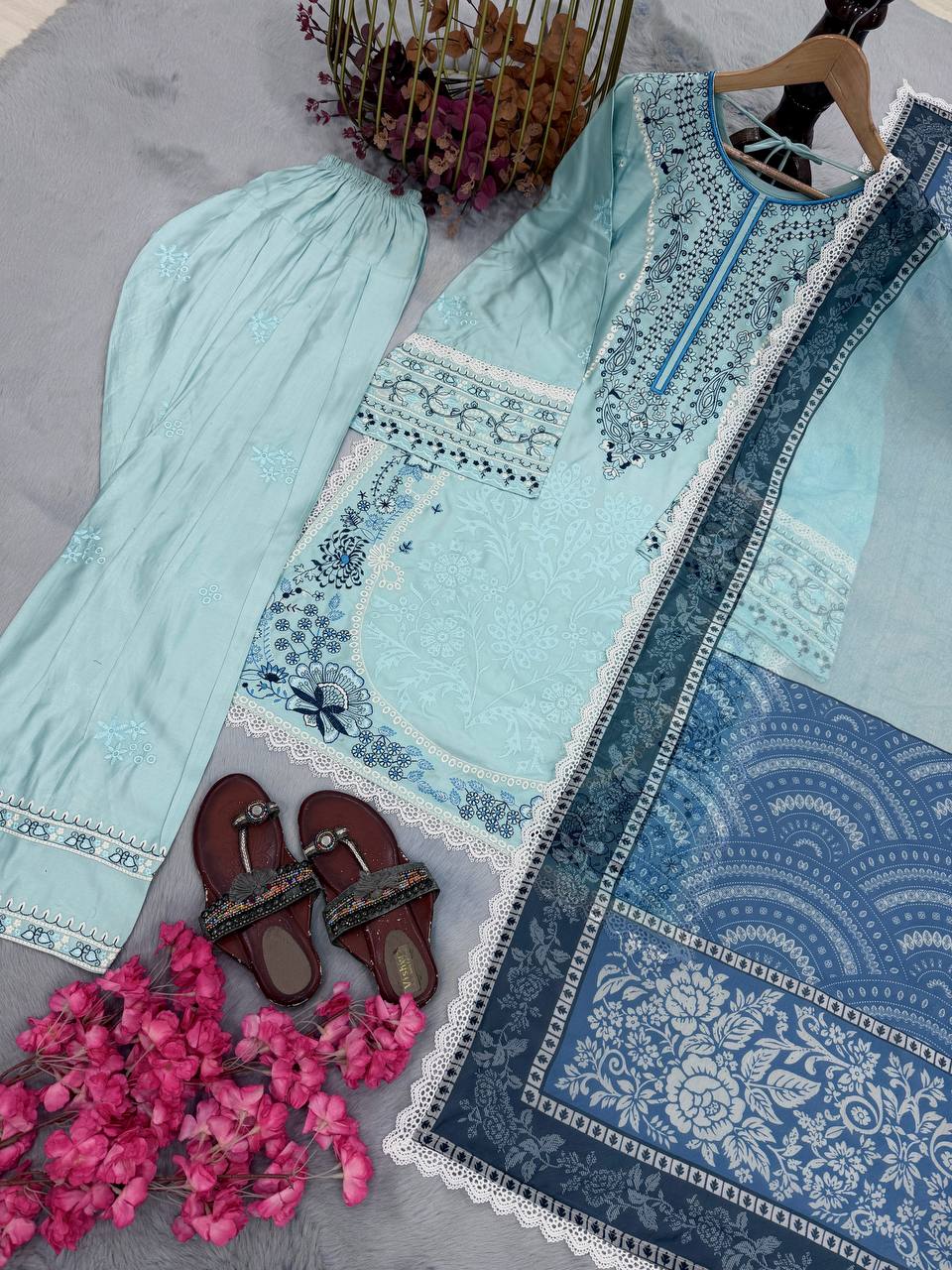 Zareen Noor Designer Satin Rayon Farshi Palazzo with Digital Print Dupatta