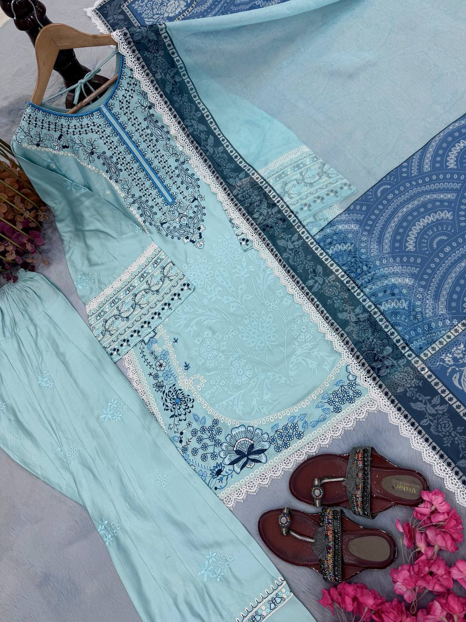 Zareen Noor Designer Satin Rayon Farshi Palazzo with Digital Print Dupatta
