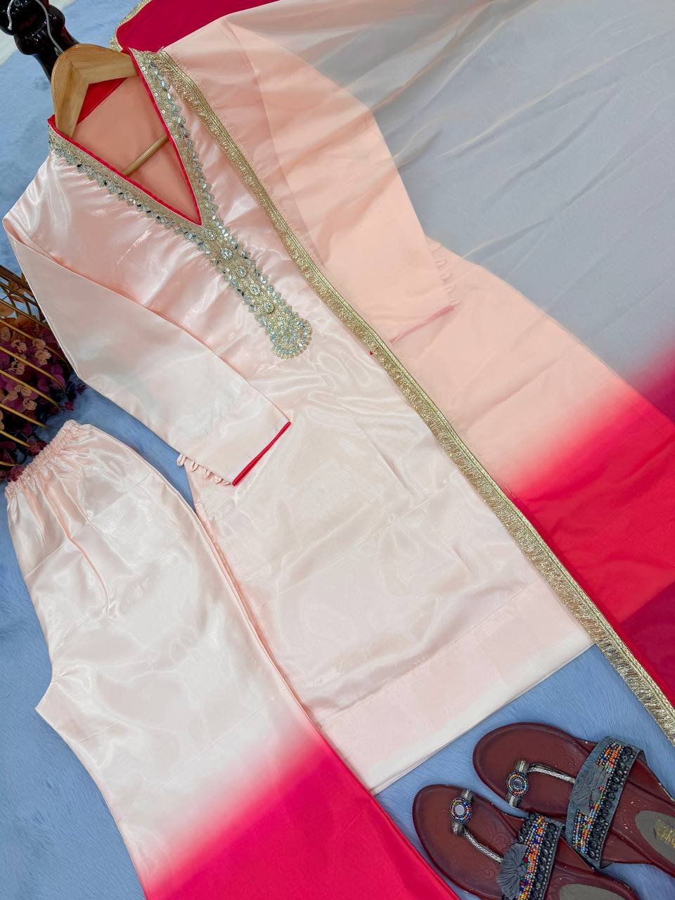 Designer Dual Tone Roman Glass Embroidered Kurta Palazzo set