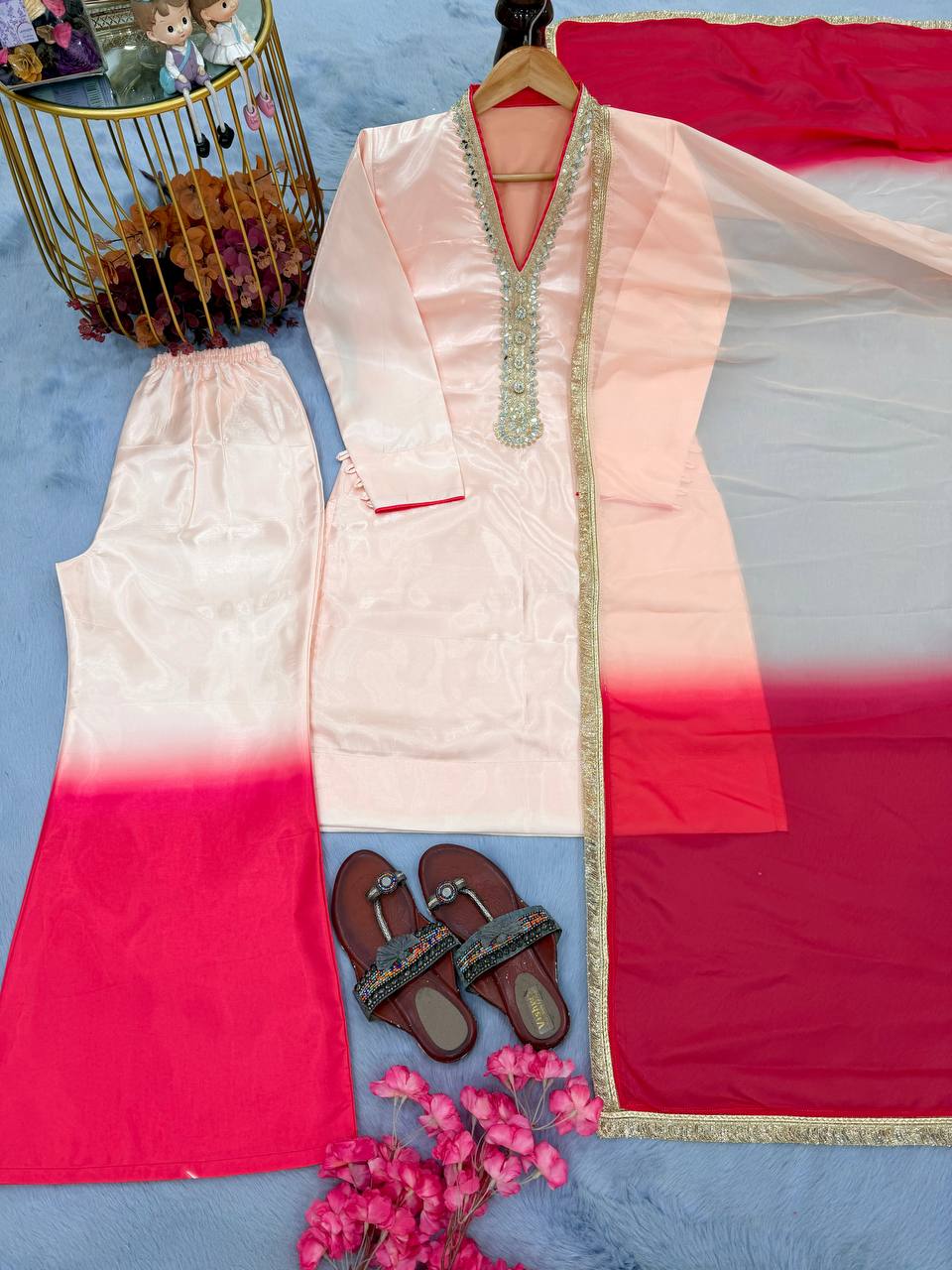 Designer Dual Tone Roman Glass Embroidered Kurta Palazzo set