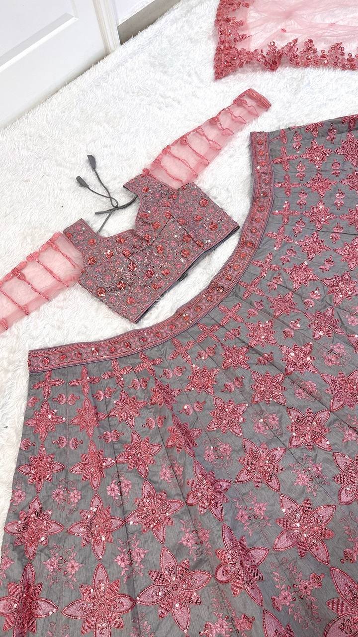 Luxury Thai Silk Sequins & Thread Work Lehenga Choli Set for Wedding