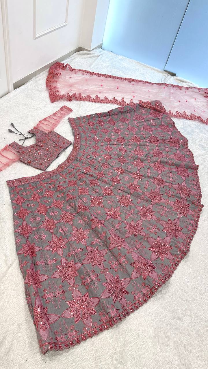 Luxury Thai Silk Sequins & Thread Work Lehenga Choli Set for Wedding