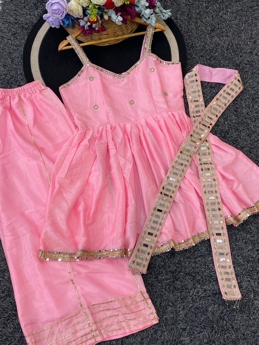 Ethnic Chinon Mirror Work Peplum Top with Palazzo & Dupatta