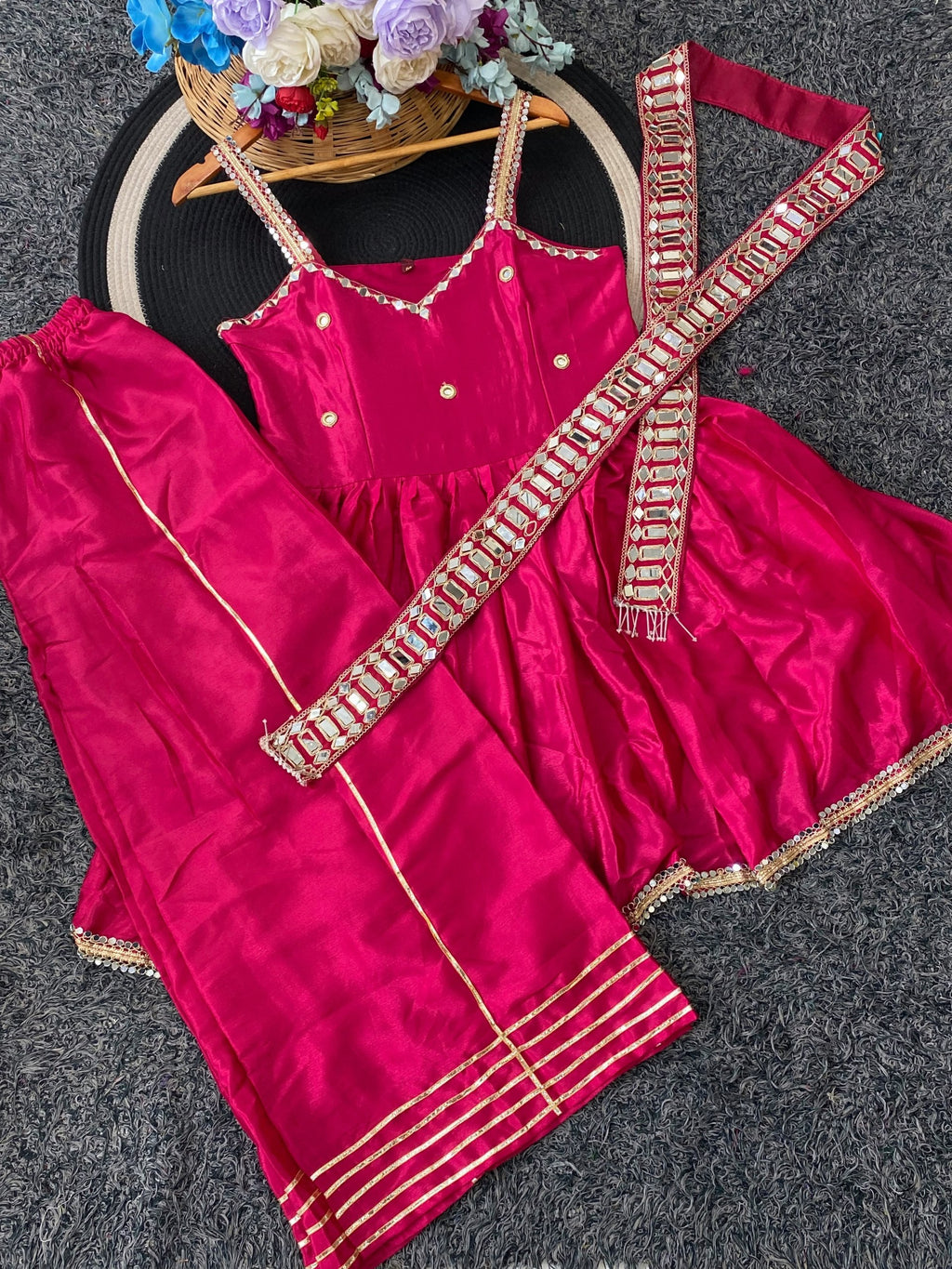 Ethnic Chinon Mirror Work Peplum Top with Palazzo & Dupatta