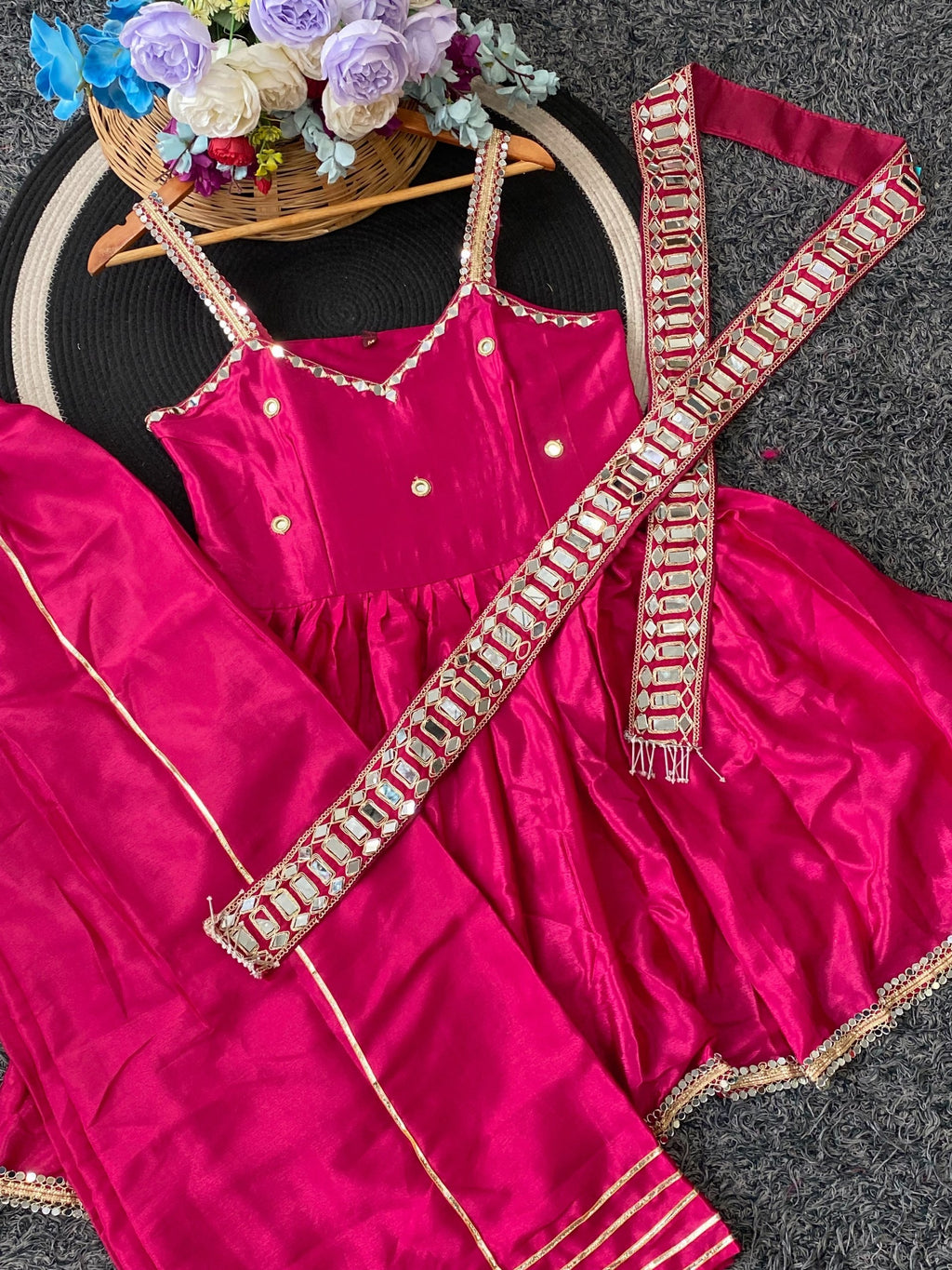 Ethnic Chinon Mirror Work Peplum Top with Palazzo & Dupatta
