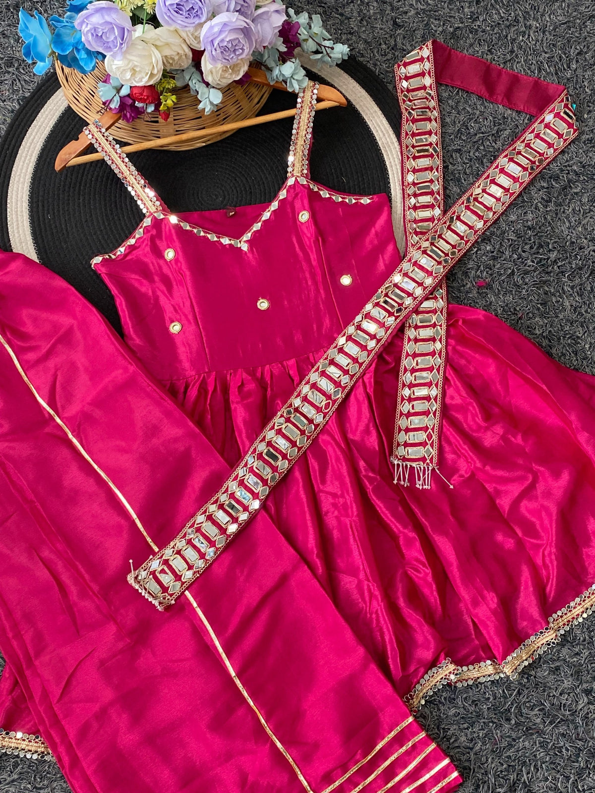Ethnic Chinon Mirror Work Peplum Top with Palazzo & Dupatta