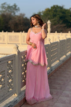 Ethnic Chinon Mirror Work Peplum Top with Palazzo & Dupatta