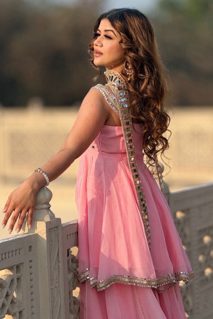 Ethnic Chinon Mirror Work Peplum Top with Palazzo & Dupatta
