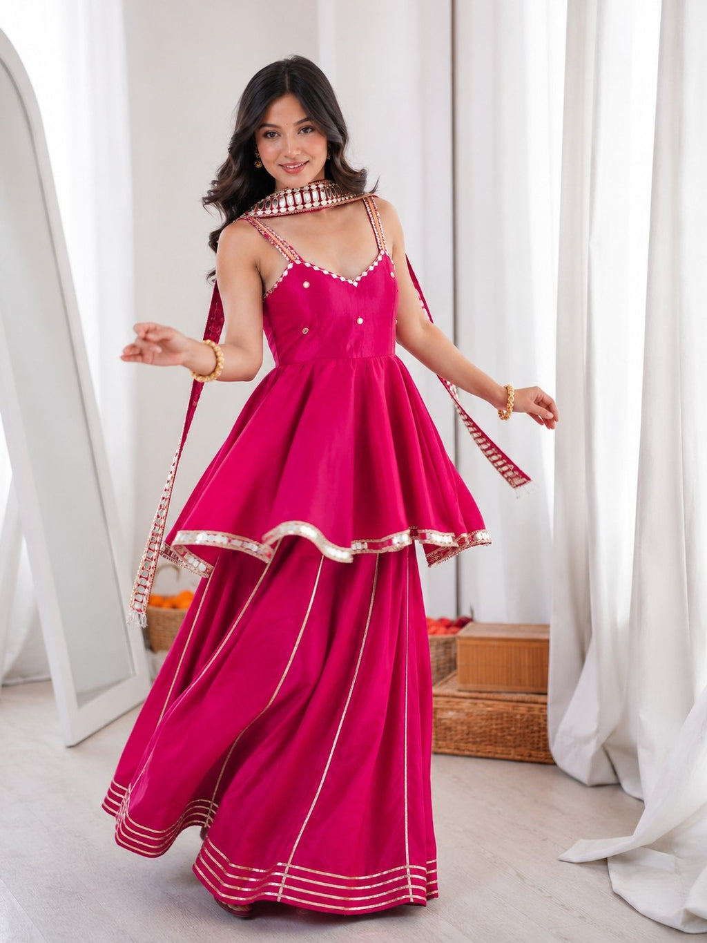 Ethnic Chinon Mirror Work Peplum Top with Palazzo & Dupatta