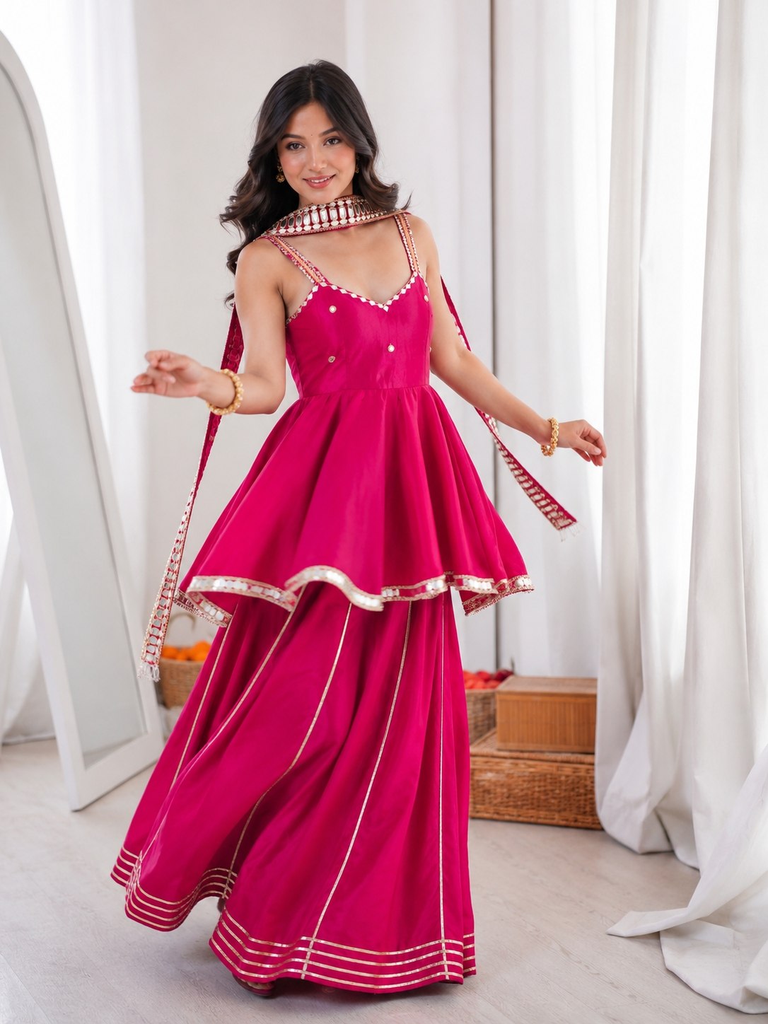 Ethnic Chinon Mirror Work Peplum Top with Palazzo & Dupatta