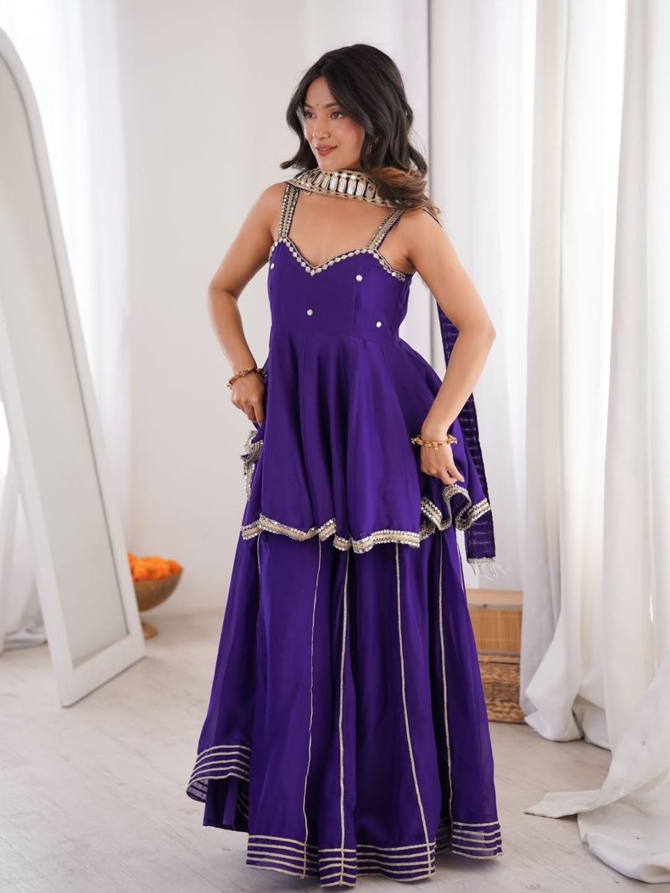 Ethnic Chinon Mirror Work Peplum Top with Palazzo & Dupatta