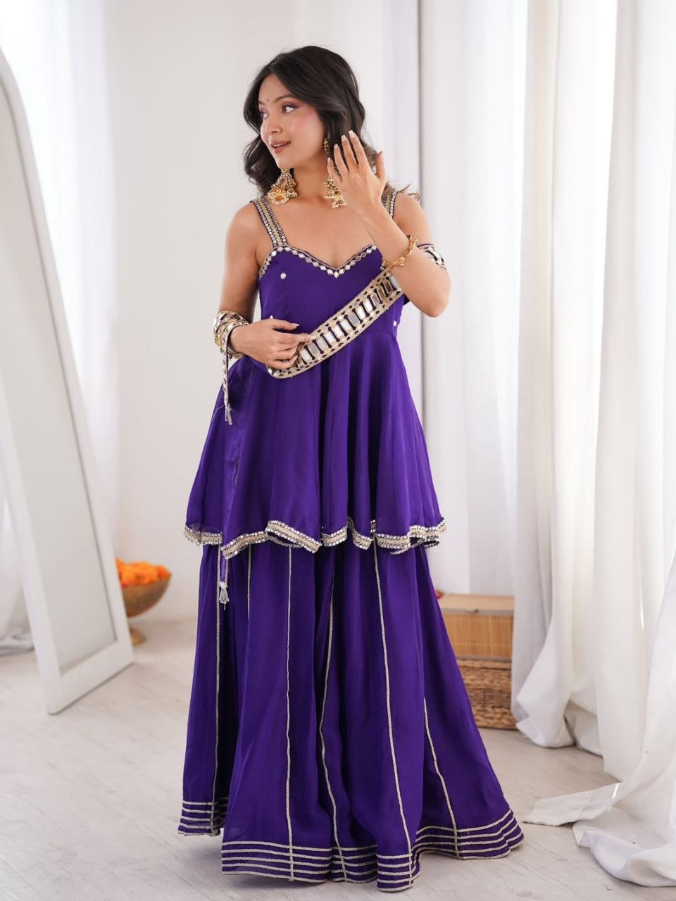 Ethnic Chinon Mirror Work Peplum Top with Palazzo & Dupatta