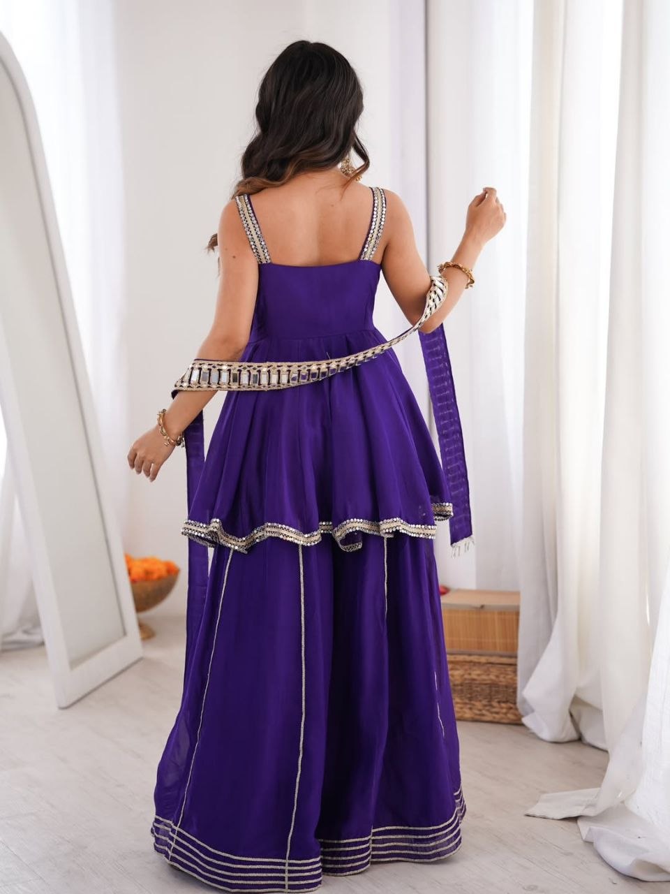 Ethnic Chinon Mirror Work Peplum Top with Palazzo & Dupatta