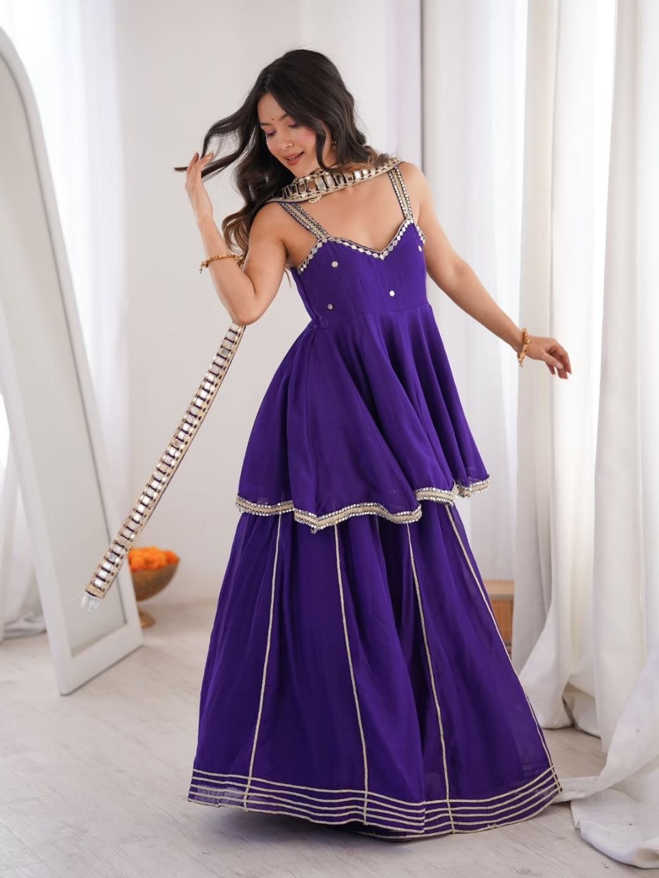Ethnic Chinon Mirror Work Peplum Top with Palazzo & Dupatta