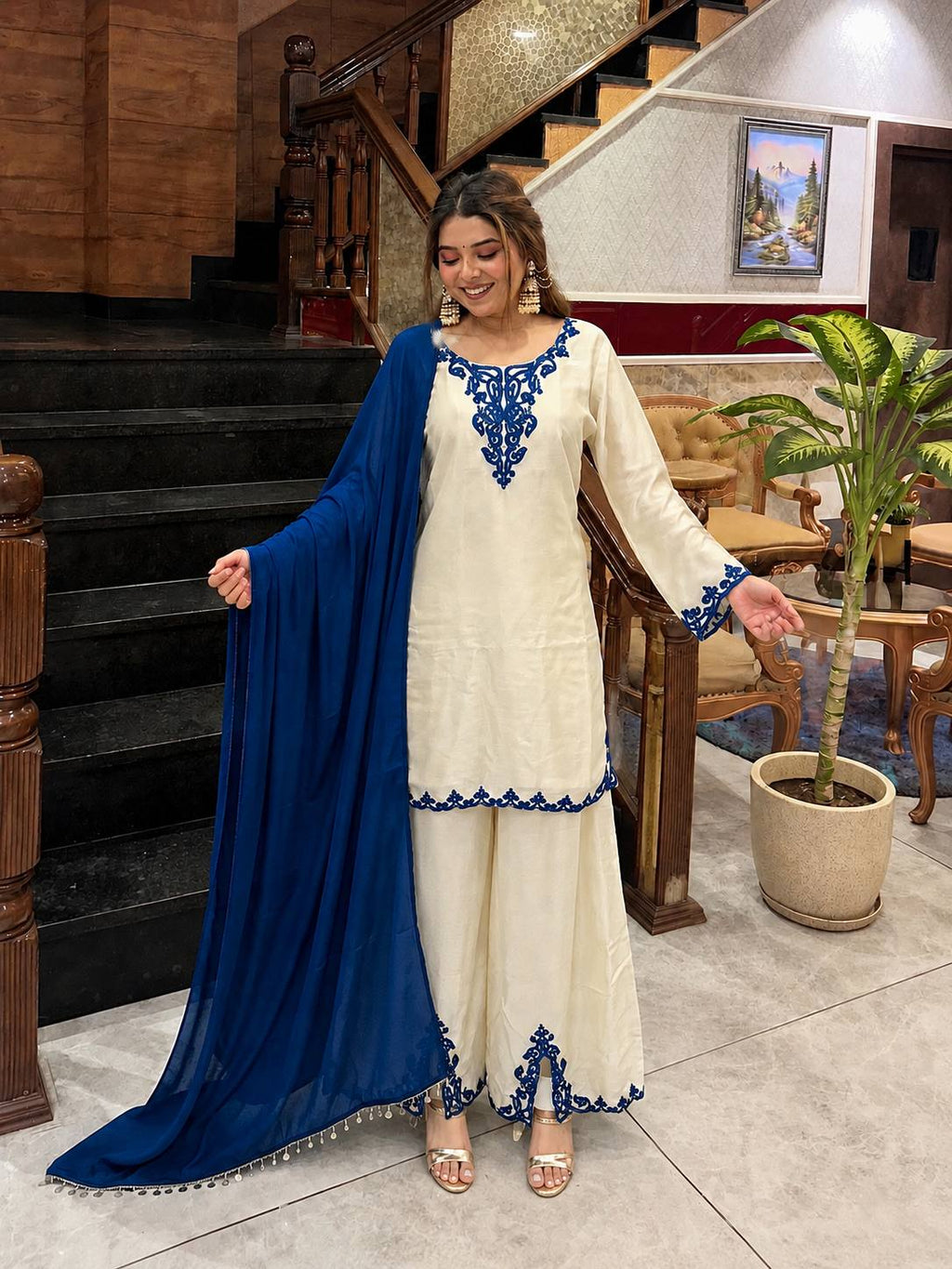 Elviora Jarman Chinon Embroidered Kurta Palazzo Set