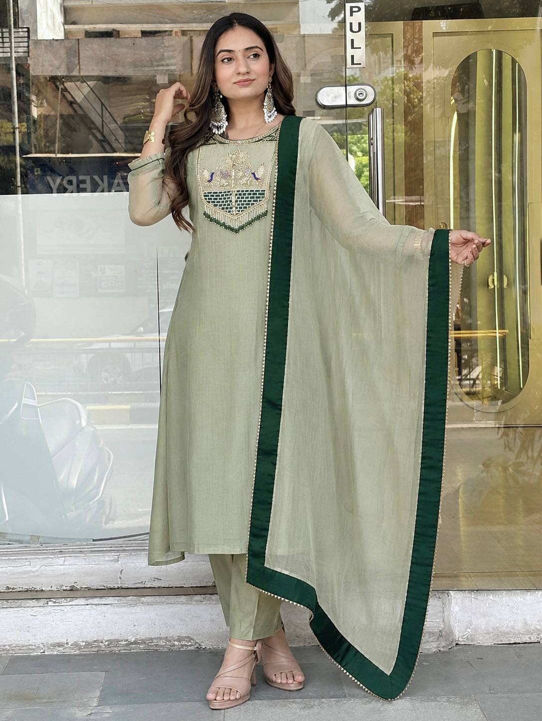 Aanya Premium Salsa Silk Suit Set with Embroidery & Thread Work