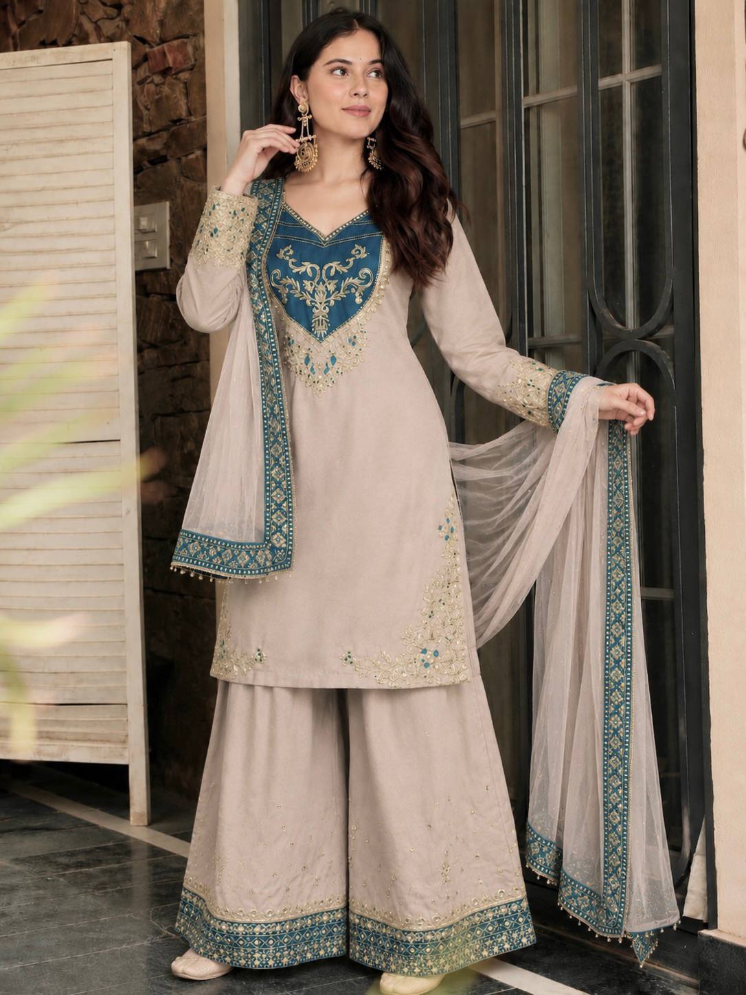Anvitha Maska Cotton Embroidered Kurta Palazzo Set