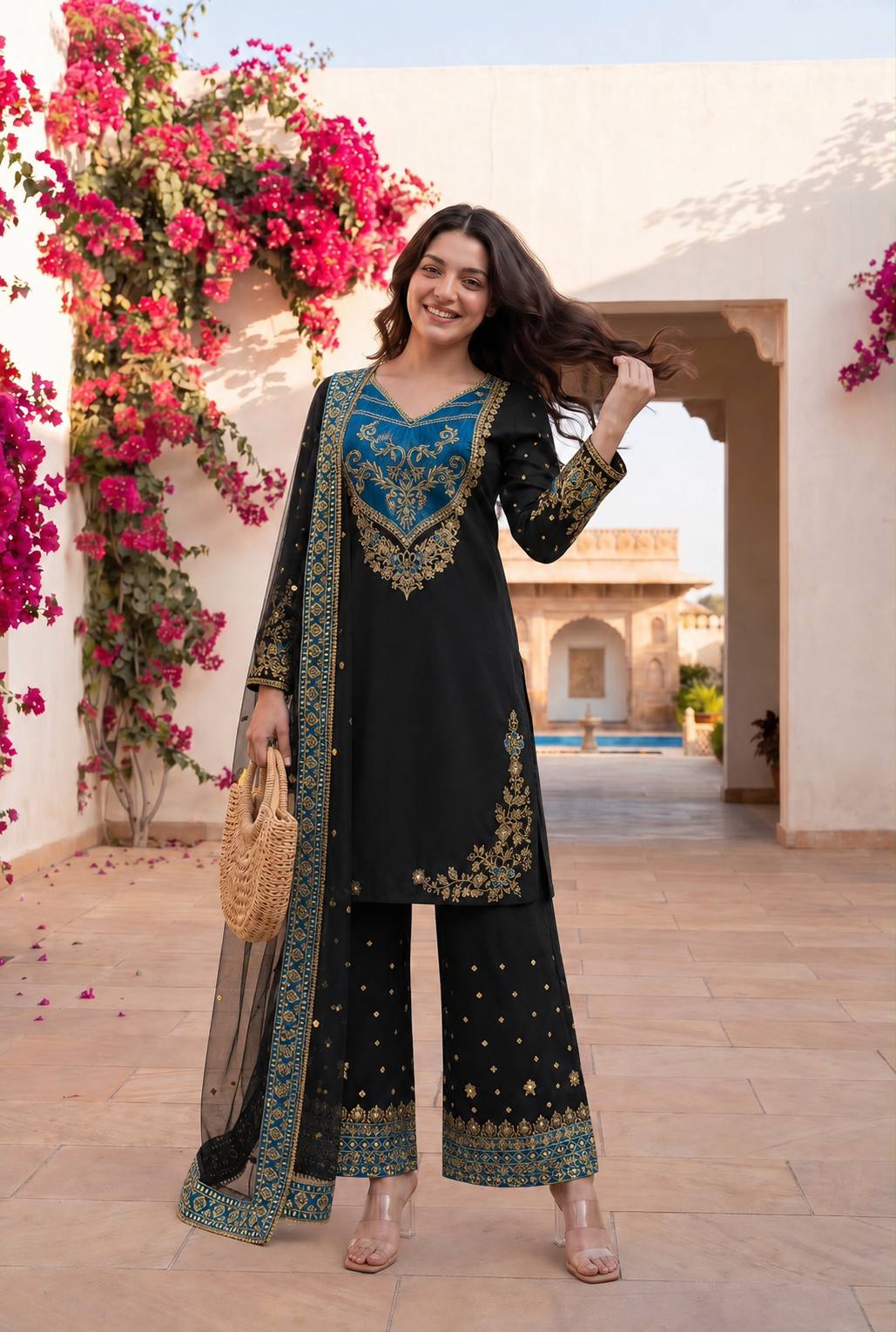 Anvitha Maska Cotton Embroidered Kurta Palazzo Set