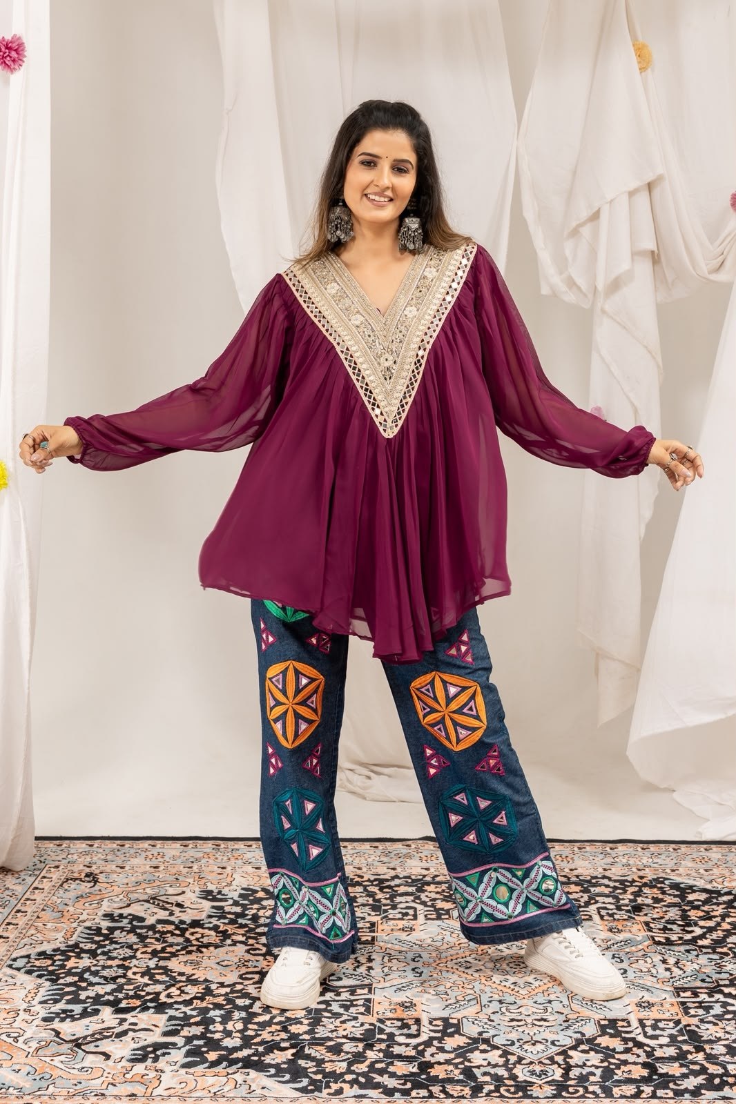 Myra Georgette Mirror Work Kediya with Cotton Denim Jeans