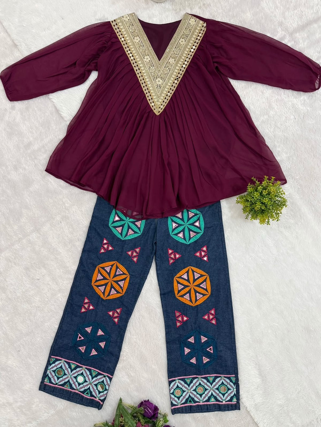 Myra Georgette Mirror Work Kediya with Cotton Denim Jeans