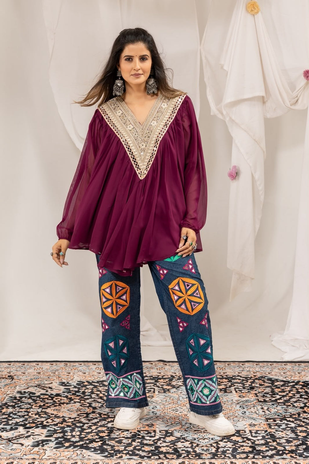 Myra Georgette Mirror Work Kediya with Cotton Denim Jeans