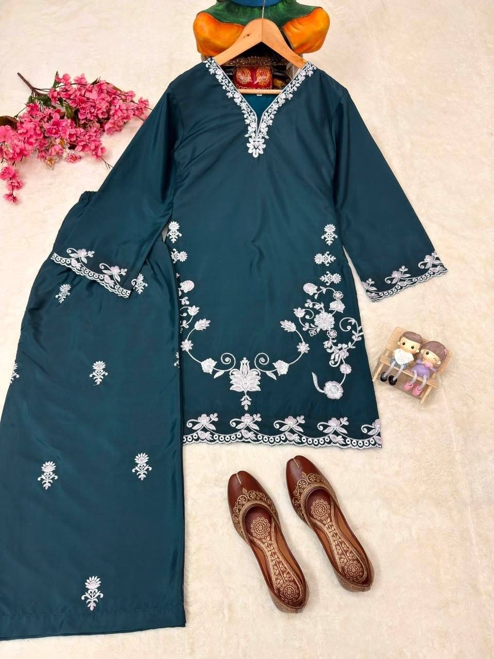 Premium French Crepe Farshi Palazzo Set with Thread Embroidery