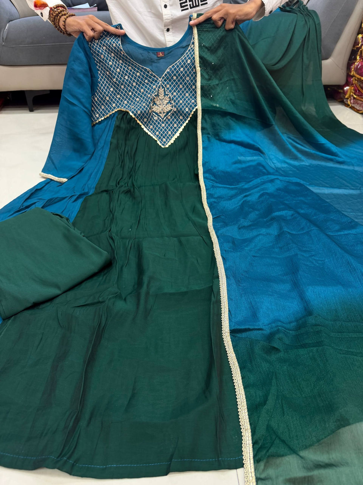 Meera Dual Tone Mal Chanderi Anarkali Set with Handwork Golden Yoke