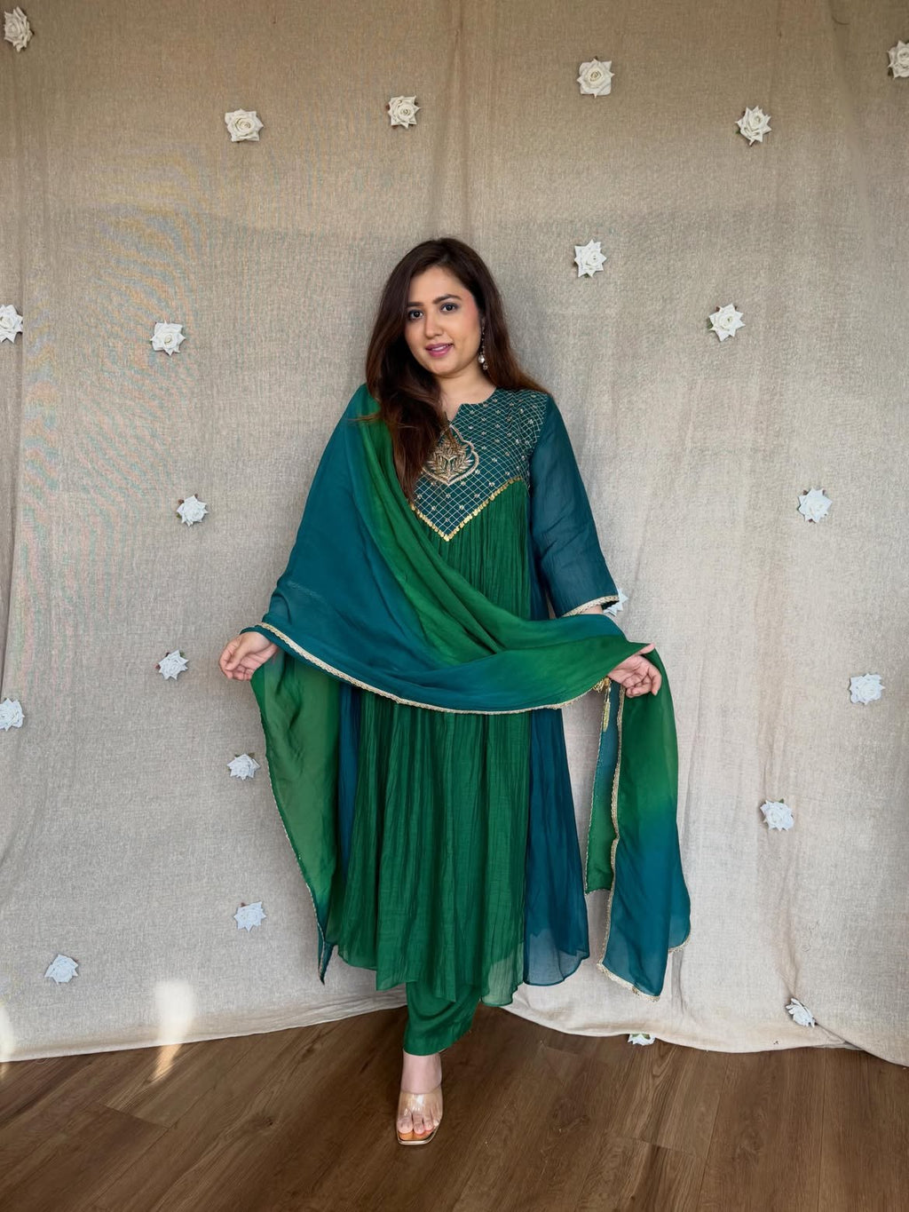 Meera Dual Tone Mal Chanderi Anarkali Set with Handwork Golden Yoke