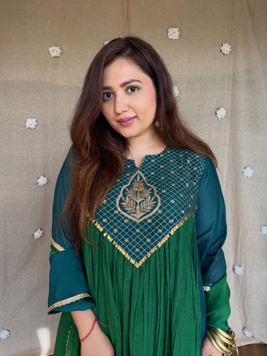 Meera Dual Tone Mal Chanderi Anarkali Set with Handwork Golden Yoke