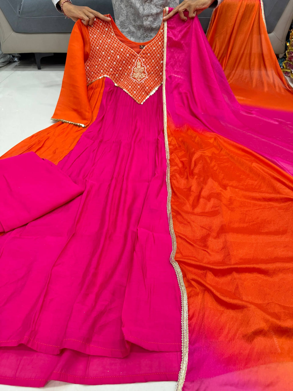 Meera Dual Tone Mal Chanderi Anarkali Set with Handwork Golden Yoke